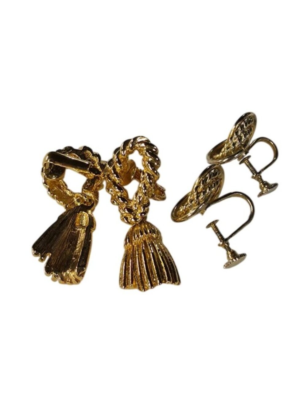 2 PRs Vintage Gold-Tone Rope & Tassel Clip-On Earrings With Adjustable Screw Bac - Picture 2 of 4